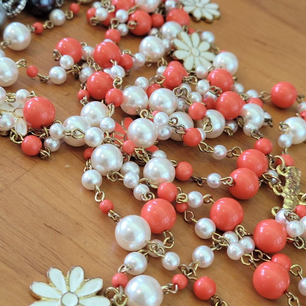 Vintage AMRITA SINGH Coral Pearl Daisy 3 Strand Necklace 28in 85g